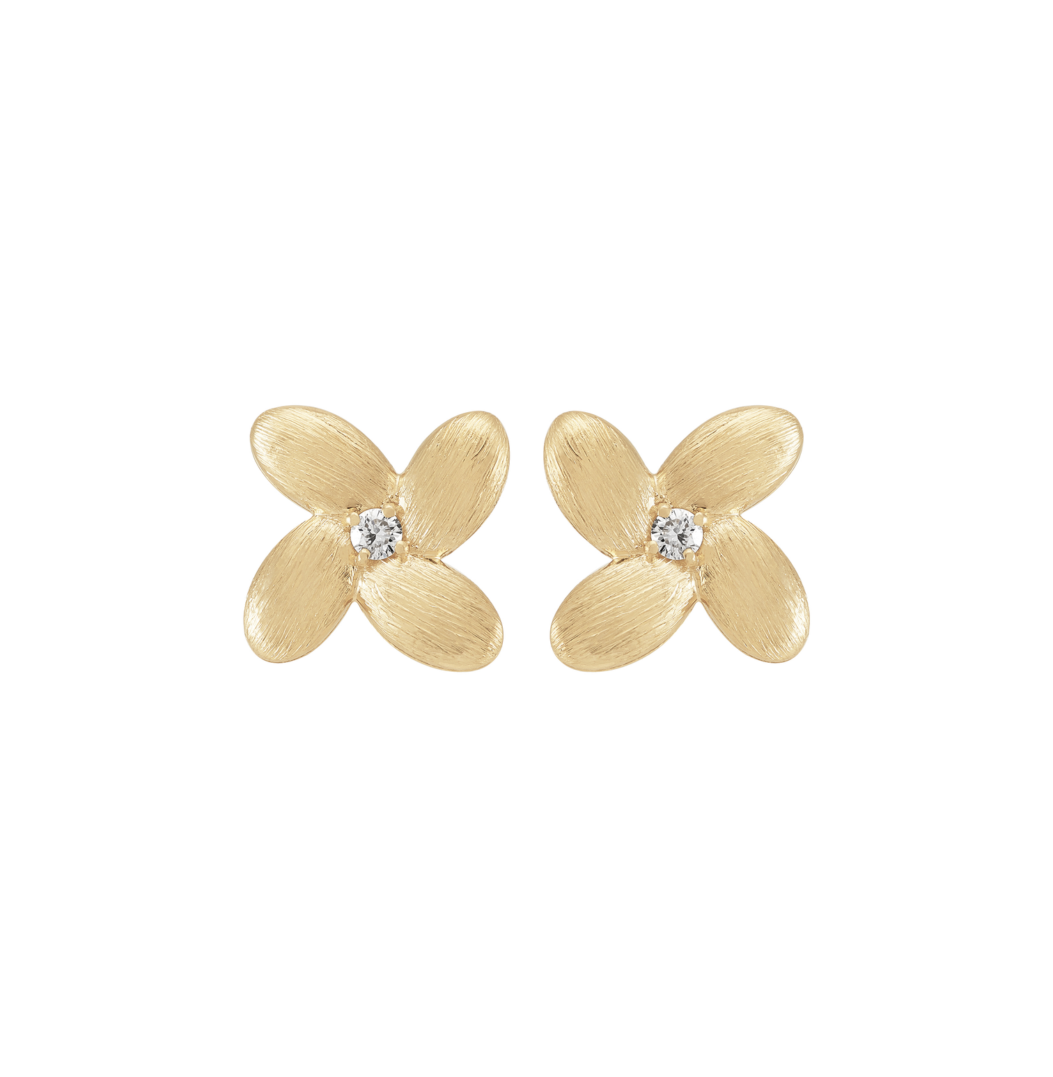 Sabel Collection Yellow Gold Satin Flower Stud Earrings with Diamonds